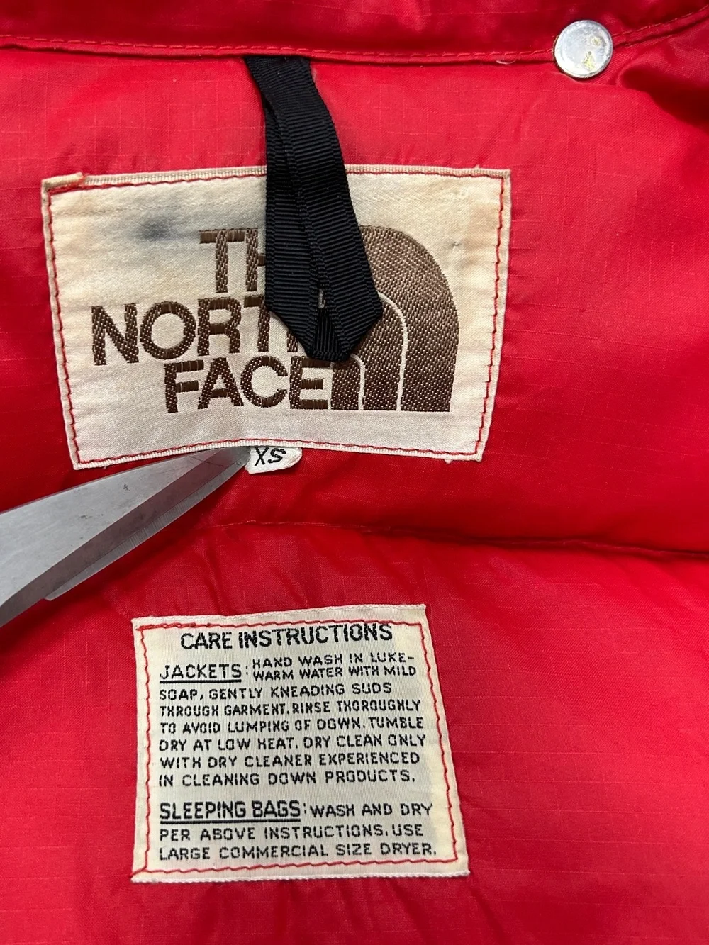 Vintage 70s The North Face Brown Label Red Down Puffer Hooded Jacket Size: XS